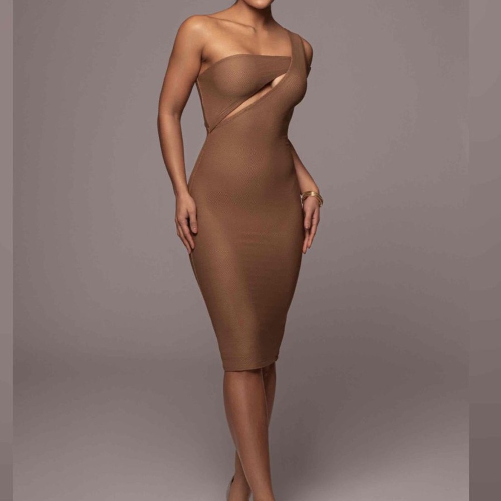 JLUXLABEL Tan Genasis One-Shoulder Dress